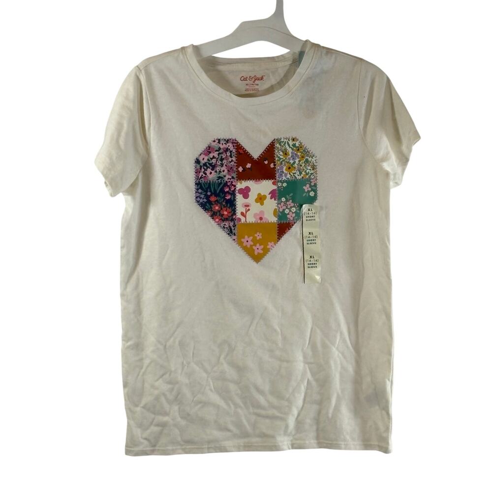 Cat & Jack Patch Quilt Heart Graphic Short Sleeve Tee, Sz XL (14/16), White, NWT